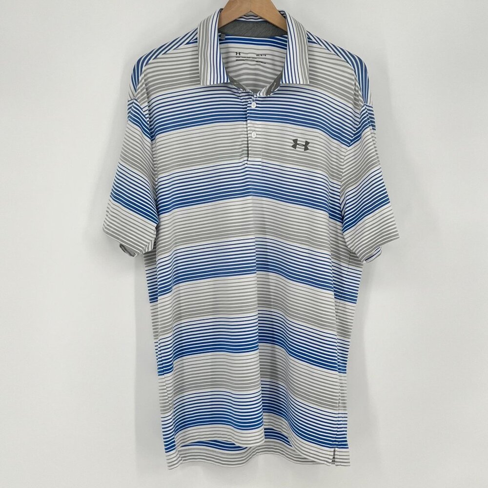 Under Armour Mens Loose Fit Heat Gear Striped Polo Shirt Size L Blue Gray Golf